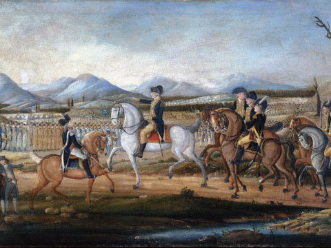 ウイスキー税反乱を鎮圧するために閲兵しているジョージ・ワシントンの絵
