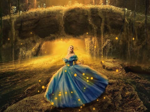 青いドレスを纏い、舞踏会へ向かう森の中のシンデレラ