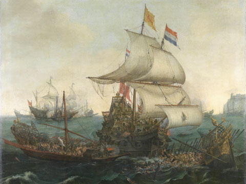 80年戦争スペインのガレー船に攻撃を仕掛けるオランダ船