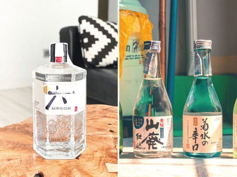 日本産ドライジンと日本酒のボトル
