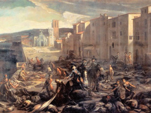ペストによって死屍累々となった街を描いたヨーロッパの絵画