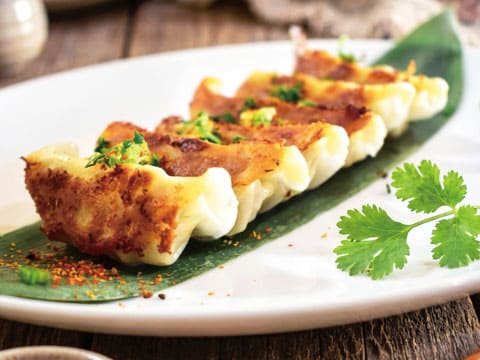 狐色に焼き上がった餃子を一列に並べ、刻みネギとパクチーを飾り、笹の葉を敷いた白い皿に盛り付けた写真