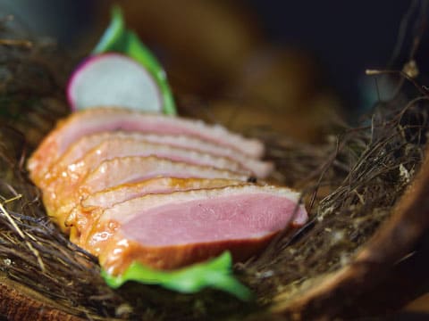 干し草を敷いた器に盛り付けた、ラディッシュと葉野菜を添えた鴨の燻製のスライス