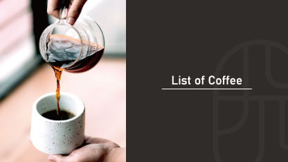 器にコーヒーを注いでいる様を題名にしたコーヒーを使うカクテルリストのタイトル