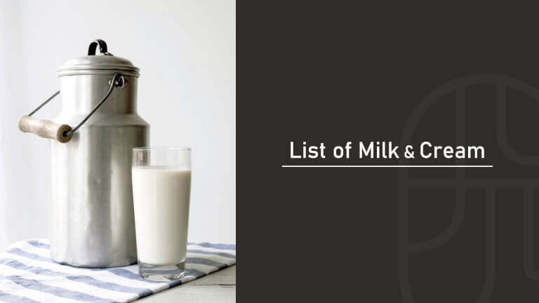 グラスに入った牛乳と搾乳缶をモデルにしたミルク&クリームを使うカクテルリストのタイトル