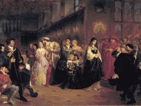 王妃の座を追われるキャサリンと、公衆の面前で愛をささやく国王とアン・ブーリンの絵画